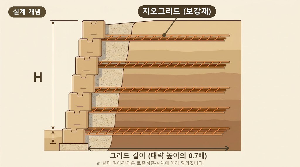 옹벽 높이 대비 지오그리드 길이와 수직 간격의 설계 개념을 보여주는 단면도