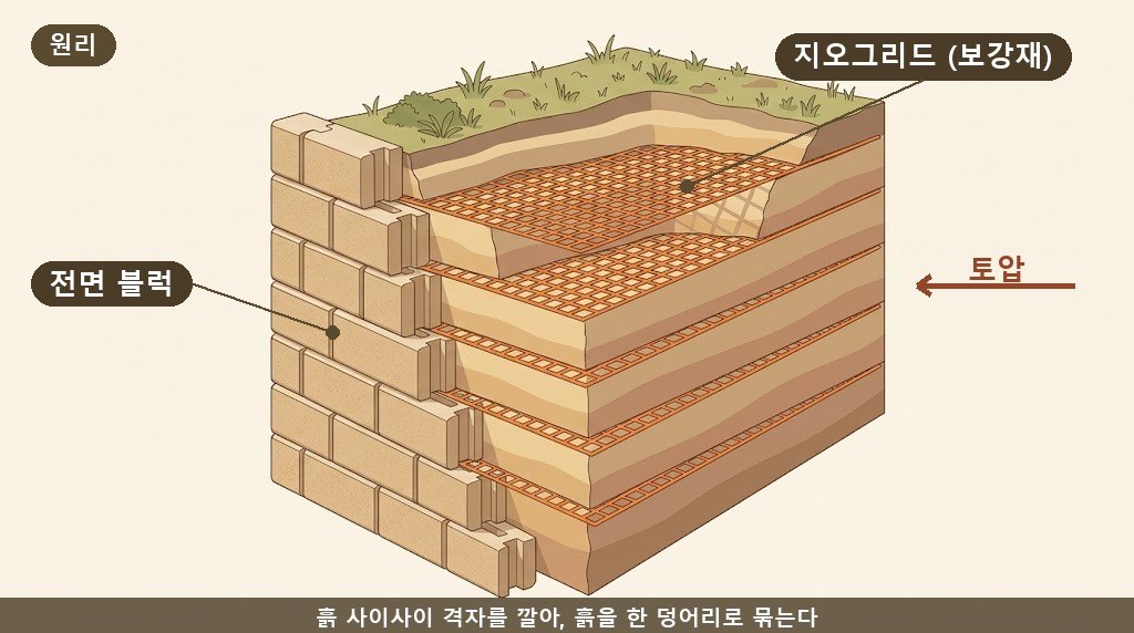 보강토 옹벽 내부에서 흙과 지오그리드가 층층이 겹쳐 하나의 덩어리를 이루는 구조 개념도