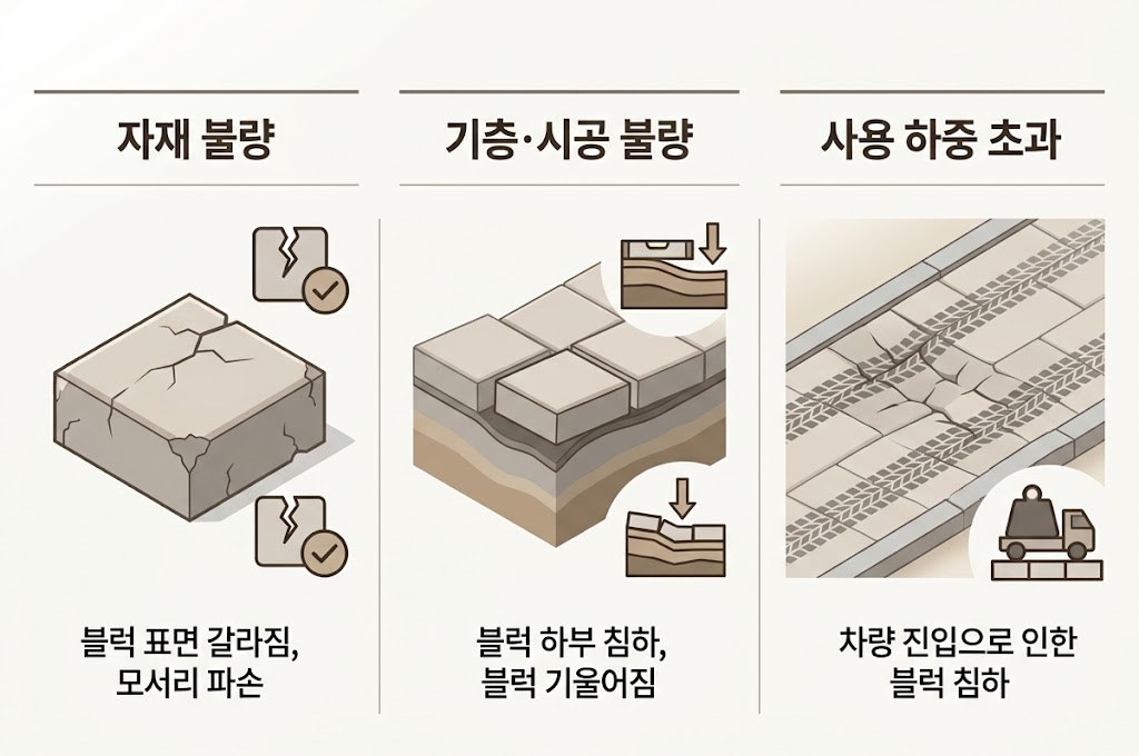 보도블록 하자의 세 가지 원인 — 자재 불량, 기층·시공 불량, 사용 하중 초과를 비교한 인포그래픽