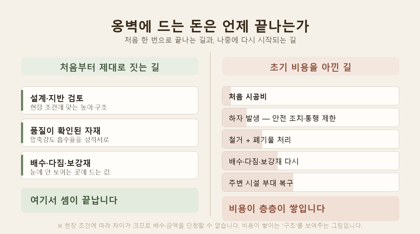처음부터 제대로 짓는 길과 초기 비용을 아낀 길의 비용 구조 비교